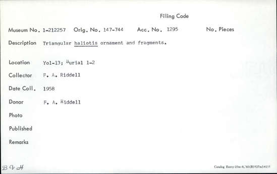 Documentation associated with Hearst Museum object titled Pendant fragment, accession number 1-212257, described as Triangular haliotis.