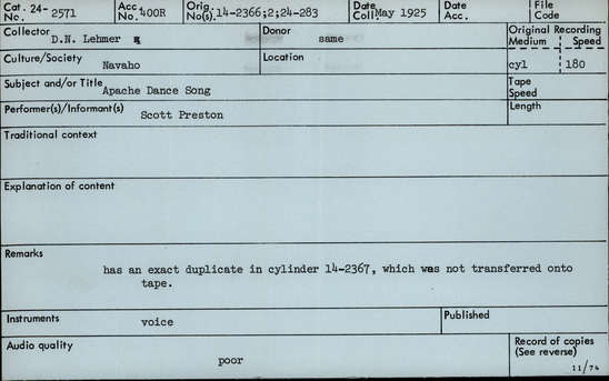 Documentation associated with Hearst Museum object titled Audio recording, accession number 24-2571, described as Apache Dance Song