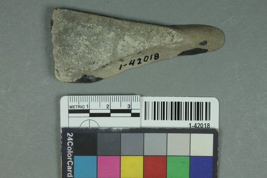 Hearst Museum object titled Knife, accession number 1-42018, described as Crude slate "fish knife" with flaked edge.