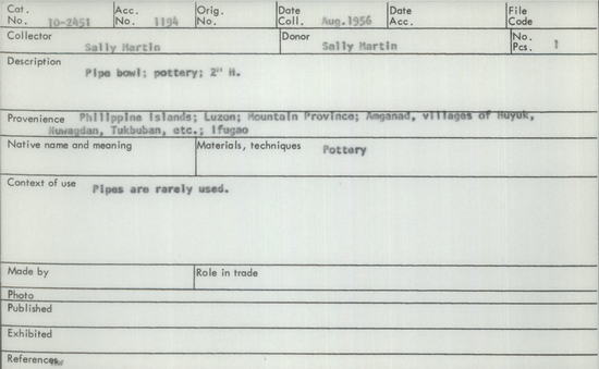 Documentation associated with Hearst Museum object titled Pipe, accession number 10-2451, described as Pipe bowl; pottery 2 inch height