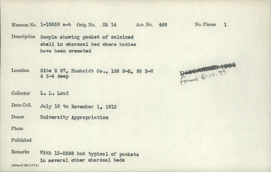 Documentation associated with Hearst Museum object titled Shell, accession number 1-18559a,b, described as Sample showing pocket of calcined shell in charcoal bed.