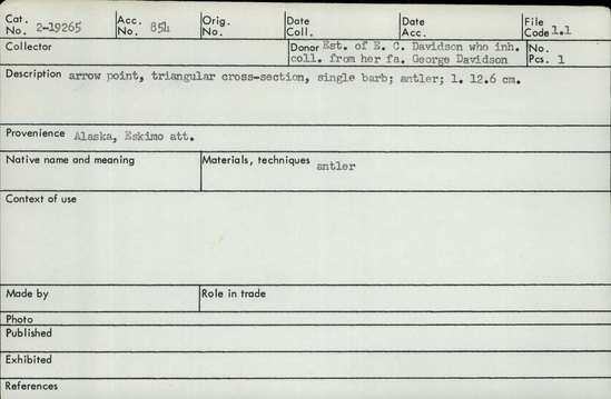 Documentation associated with Hearst Museum object titled Projectile point, accession number 2-19265, described as Triangular cross-section, single barb, antler.