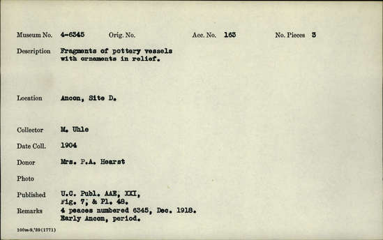 Documentation associated with Hearst Museum object titled Vessel fragments with relief, accession number 4-6345, no description available.