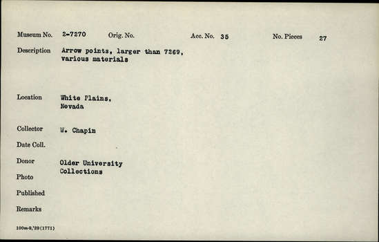 Documentation associated with Hearst Museum object titled Projectile point, accession number 2-7270, described as Arrow points.