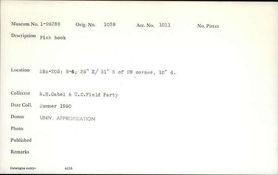 Documentation associated with Hearst Museum object titled Fishhook, accession number 1-95289, described as Fish hook