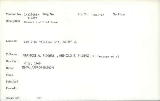 Documentation associated with Hearst Museum object titled Faunal remains, accession number 1-112531, described as Mammal and bird.