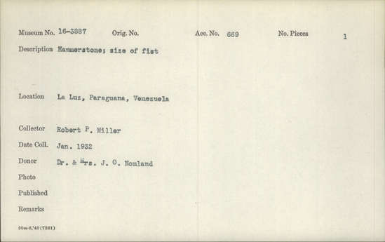 Documentation associated with Hearst Museum object titled Stone, accession number 16-3887, described as Hammerstone; size of fist