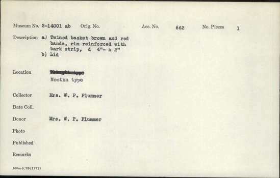 Documentation associated with Hearst Museum object titled Basket and lid, accession number 2-14001a,b, described as a) Twined basket brown and red bands, rim reinforced with bark strip.  b) Lid.