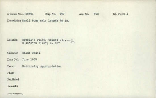 Documentation associated with Hearst Museum object titled Awl, accession number 1-29691, described as Bone.