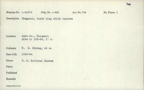 Documentation associated with Hearst Museum object titled Baked clay, accession number 1-52974, described as Fragment, stick impress.