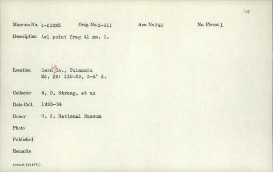 Documentation associated with Hearst Museum object titled Awl fragment, accession number 1-53223, described as Awl point.