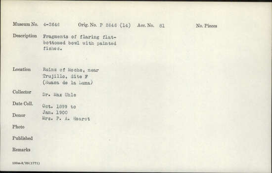 Documentation associated with Hearst Museum object titled Bowl fragments, accession number 4-2646, described as Fragments of flaring flat-bottomed bowl with painted fishes.