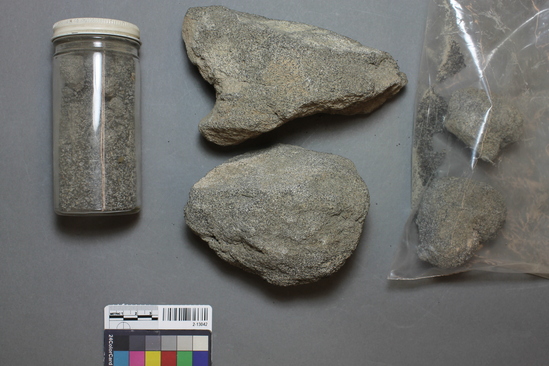 Hearst Museum object titled Metate, accession number 2-13042, described as Heavy metate, broken, with five fragments.