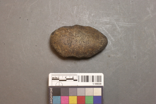 Hearst Museum object titled Sinker hammerstone, accession number 1-109339, described as Sinker- hammerstone