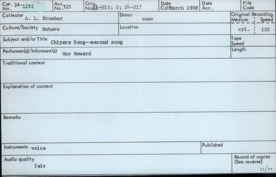 Documentation associated with Hearst Museum object titled Audio recording, accession number 24-1292, described as Chiyere ("Birds") Song, 2nd Song
