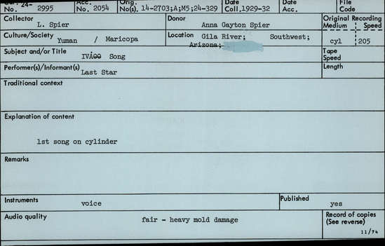 Documentation associated with Hearst Museum object titled Audio recording, accession number 24-2995, described as IVAOo Song