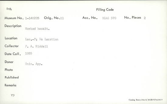 Documentation associated with Hearst Museum object titled Basalt, accession number 1-148205, described as Worked.