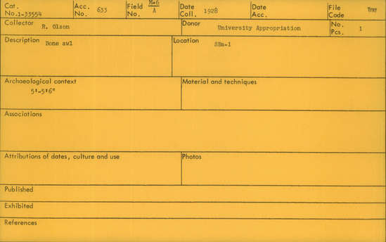 Documentation associated with Hearst Museum object titled Awl, accession number 1-33554, described as Bone.