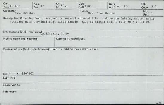 Documentation associated with Hearst Museum object titled Whistle, accession number 1-1467, described as Bone, wrapped in natural colored fiber and cotton fabric; cotton strip attached near proximal end. Black mastic plug at distal end.