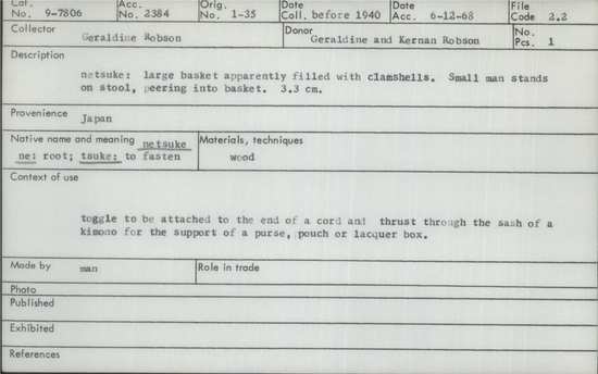 Documentation associated with Hearst Museum object titled Netsuke, accession number 9-7806, described as Netsuke: large basket apparently filled with clamshells. Small man stands on stool, peering into basket.