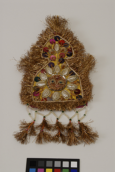 Hearst Museum object titled Head decoration, accession number 9-11136, described as head decoration for weddings; cardboard, cotton cloth, tinsel, sequins, beads; 27 cm length; 13 cm width