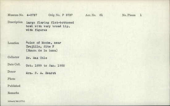 Documentation associated with Hearst Museum object titled Bowl, accession number 4-2737, described as Large flaring flat-bottomed bowl with very broad lip, with figures.