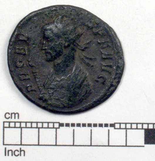 Hearst Museum object 1 of 8 titled Coin: æ antoninianus, accession number 8-5971, described as Coin: Antoninianus; Æ; Probus - 2.90 grams. Rome, 276-282 AD. Obverse: PROBVS PF AVG - bust facing left, radiate, imperial mantle, holding scepter surmounted by eagle. Reverse: ROMAE AETER - Roma seated in a temple holding Victory and scepter [untranscribable symbols].