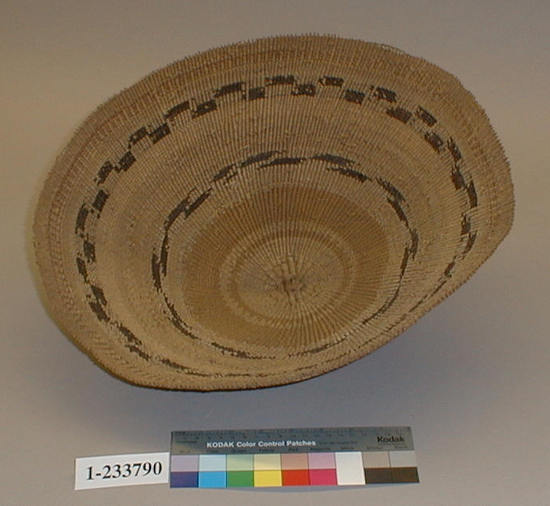 Hearst Museum object 1 of 2 titled Basket, accession number 1-233790, described as Meal shaker basket.  Twined.  Top design band composed of staggered dark rectangles.  Lower design band composed of alternating light and dark parallelograms.