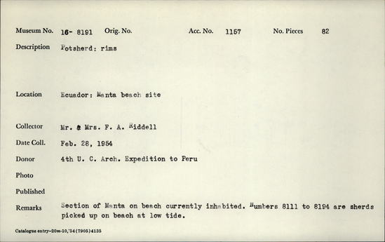 Documentation associated with Hearst Museum object titled Potsherd, accession number 16-8191, described as Potsherd: rims Section of Manta on beach currently inhabited. Numbers  8111 to 8194 are sherds picked up on beach at low tide.