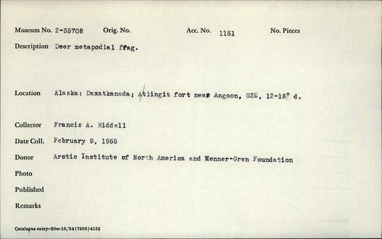 Documentation associated with Hearst Museum object titled Mammal bone, accession number 2-35708, described as Deer, metapodial fragment.