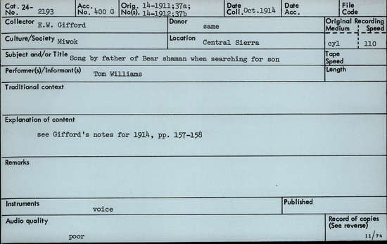 Documentation associated with Hearst Museum object titled Audio recording, accession number 24-2193, described as Song by father of a bear shaman when searching for son