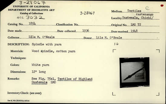 Documentation associated with Hearst Museum object titled Spindle, accession number 3-28067, described as Spindle with yarn. Wood spindle with cotton yarn  White yarn. 12 inches long. See Fig. 75c in Textiles of Highland Guatemala. Location: Chichicastenango.