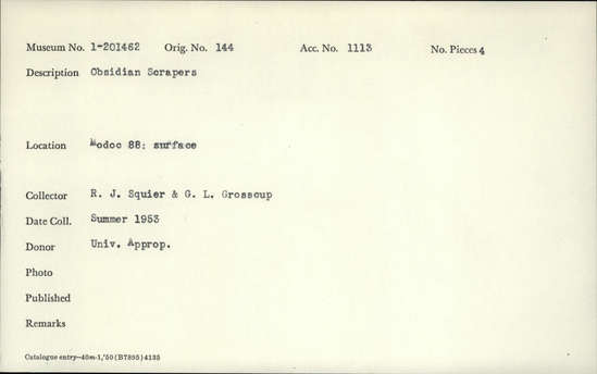 Documentation associated with Hearst Museum object titled Scrapers, accession number 1-201462, described as obsidian scrapers