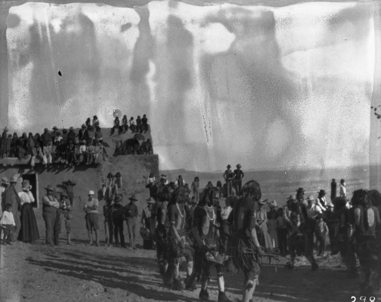 Hearst Museum object titled Black-and-white negative, accession number 15-298, described as Snake priests coming out and taking position facing antelopes snake dance