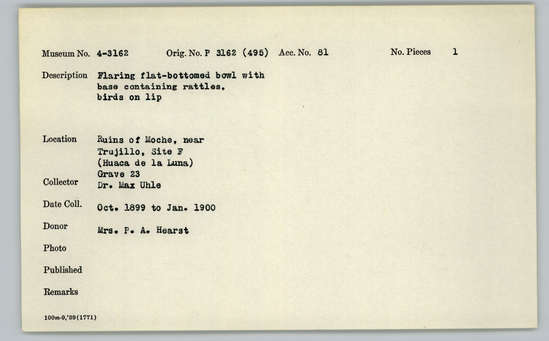 Documentation associated with Hearst Museum object titled Bowl w/ base, accession number 4-3162, described as Flaring flat-bottomed bowl with base containing rattles, birds on lip