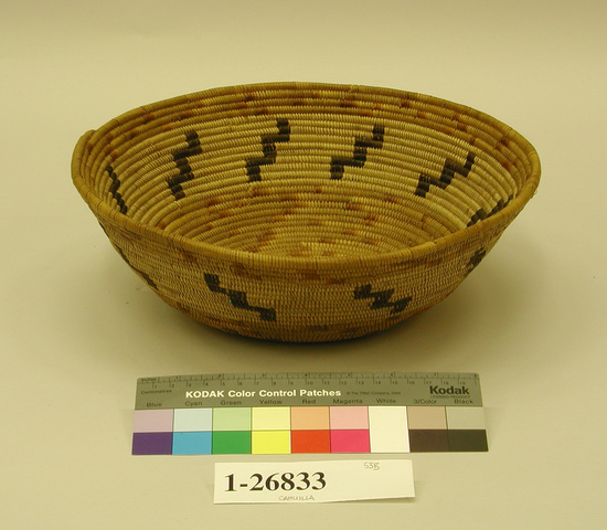 Hearst Museum object titled Basket, accession number 1-26833, described as Coiled, black step design; bottom and rim brown.