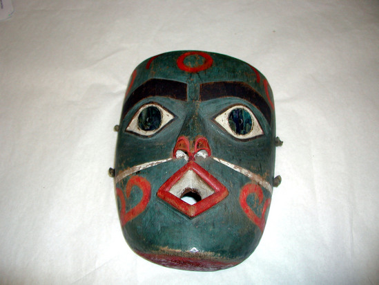 Hearst Museum object titled Mask, accession number 2-19088, described as Wooden, red, green, black, and white. Abalone eyes.