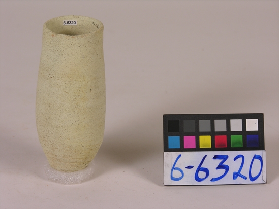 Hearst Museum object titled Beer cup, accession number 6-6320, described as Buff pottery cup with a deep, pointed bottom; least diameter 4 cm, greatest diameter 5.5 cm, height 12 cm