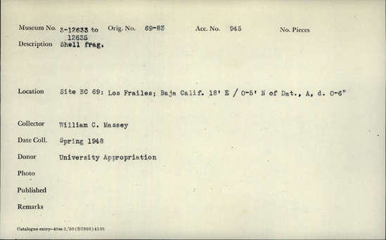 Documentation associated with Hearst Museum object titled Shell fragment, accession number 3-12634, described as Shell fragment.