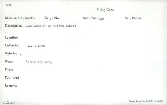Documentation associated with Hearst Museum object titled Cuneiform tablet, accession number 9-2919, described as Mesopotamian cuneiform tablet