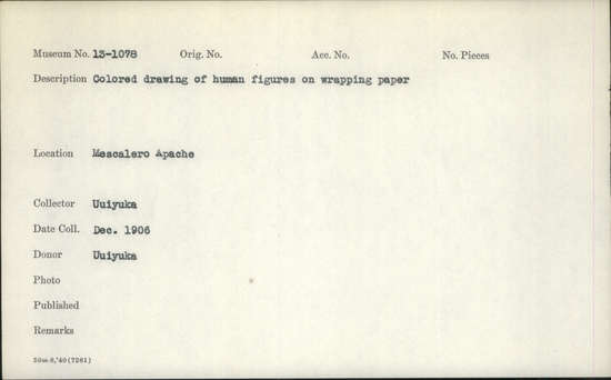 Documentation associated with Hearst Museum object titled Drawing, accession number 13-1078, described as Colored drawing of human figures on wrapping paper