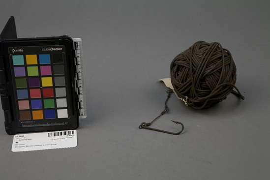 Hearst Museum object titled Fishing line, accession number 10-1486, described as Fishing line; ball; 3 long metal links to long iron hook