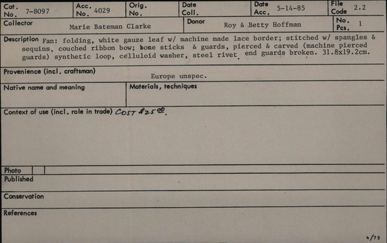 Documentation associated with Hearst Museum object titled Fan, accession number 7-8097, no description available.