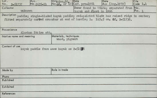 Documentation associated with Hearst Museum object titled Paddle, accession number 2-51737, described as Single-bladed kayak paddle; red painted blade has raised ridge in center; fitted separately carved crossbar at end of handle.