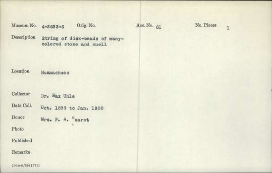 Documentation associated with Hearst Museum object titled Beads, accession number 4-3533, no description available.