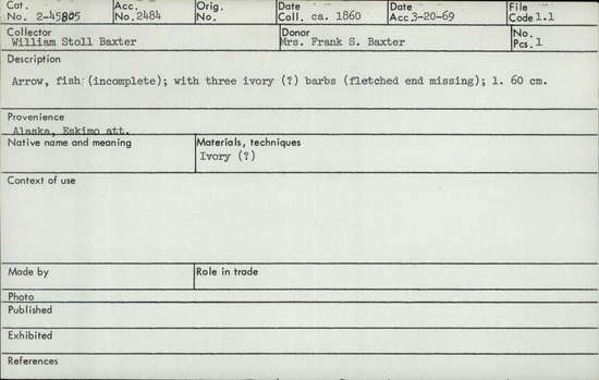 Documentation associated with Hearst Museum object titled Arrow, accession number 2-45805, described as Arrow, fish (incomplete); with three ivory (?) barbs (fletched end missing). Length 60 cm