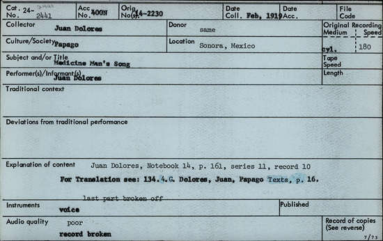 Documentation associated with Hearst Museum object titled Audio recording, accession number 24-2441, described as Medicine Man's Song Notebook 14, p. 160 Series 11, Record 10