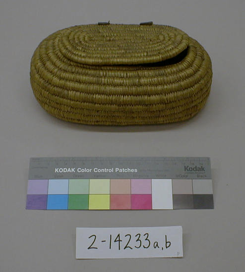 Hearst Museum object titled Basket and lid, accession number 2-14233a,b, described as Oval coiled basket with cover.