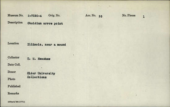 Documentation associated with Hearst Museum object titled Projectile point, accession number 2-7232, described as Obsidian arrow point.