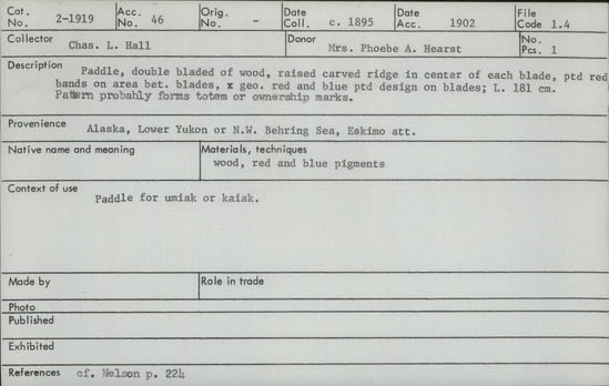 Documentation associated with Hearst Museum object titled Paddle, accession number 2-1919, described as Paddle, double bladed of wood, raised carved ridge in center of each blade, painted red band on area between blades, geometric red and blue painted design on blades.  Pattern probably forms totem or ownership marks.